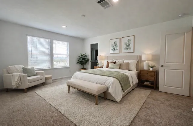 a spacious bedroom with a bed and glass window