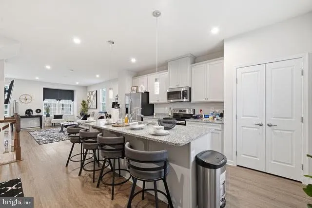 a view of a dining room with furniture