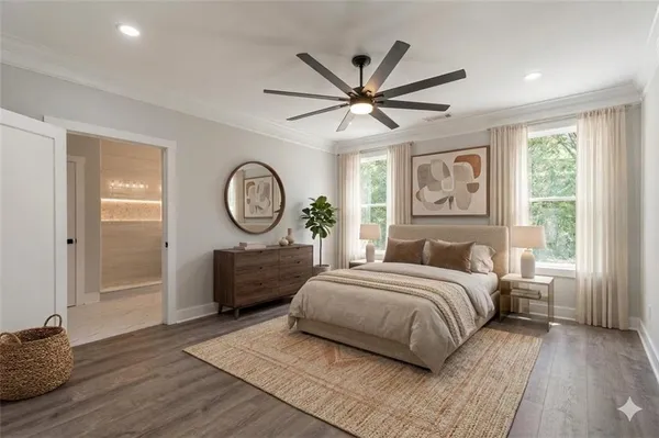 a bedroom with a bed a window and a chandelier