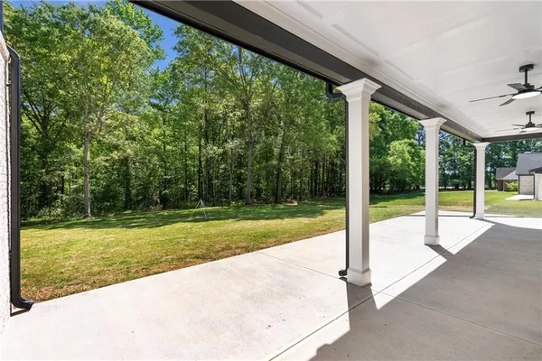 a view of a backyard with large trees