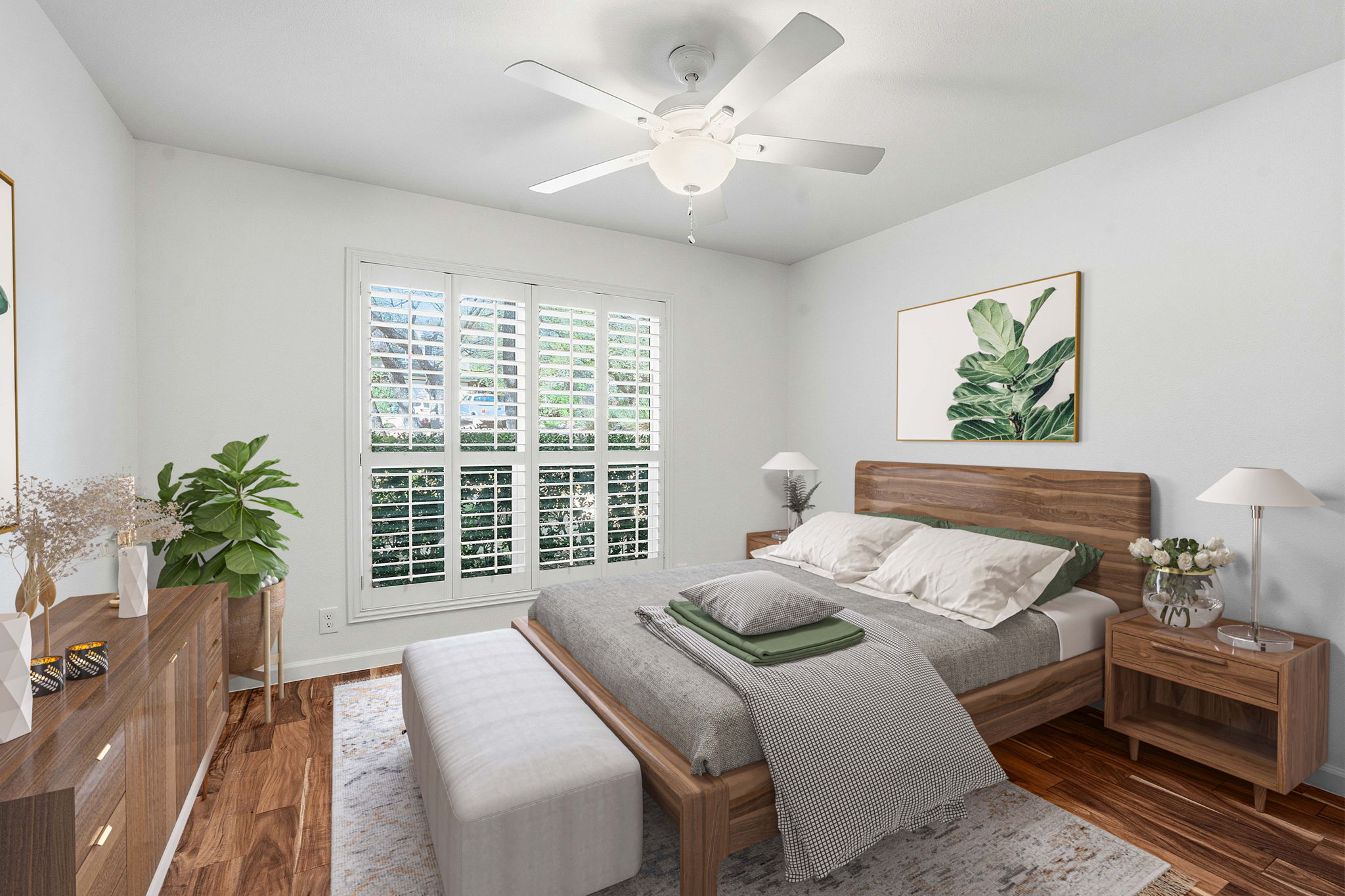 7801 Image Cove Austin, TX 78730 - Photo 16 of 26 a bedroom with bed and a large window with potted plants