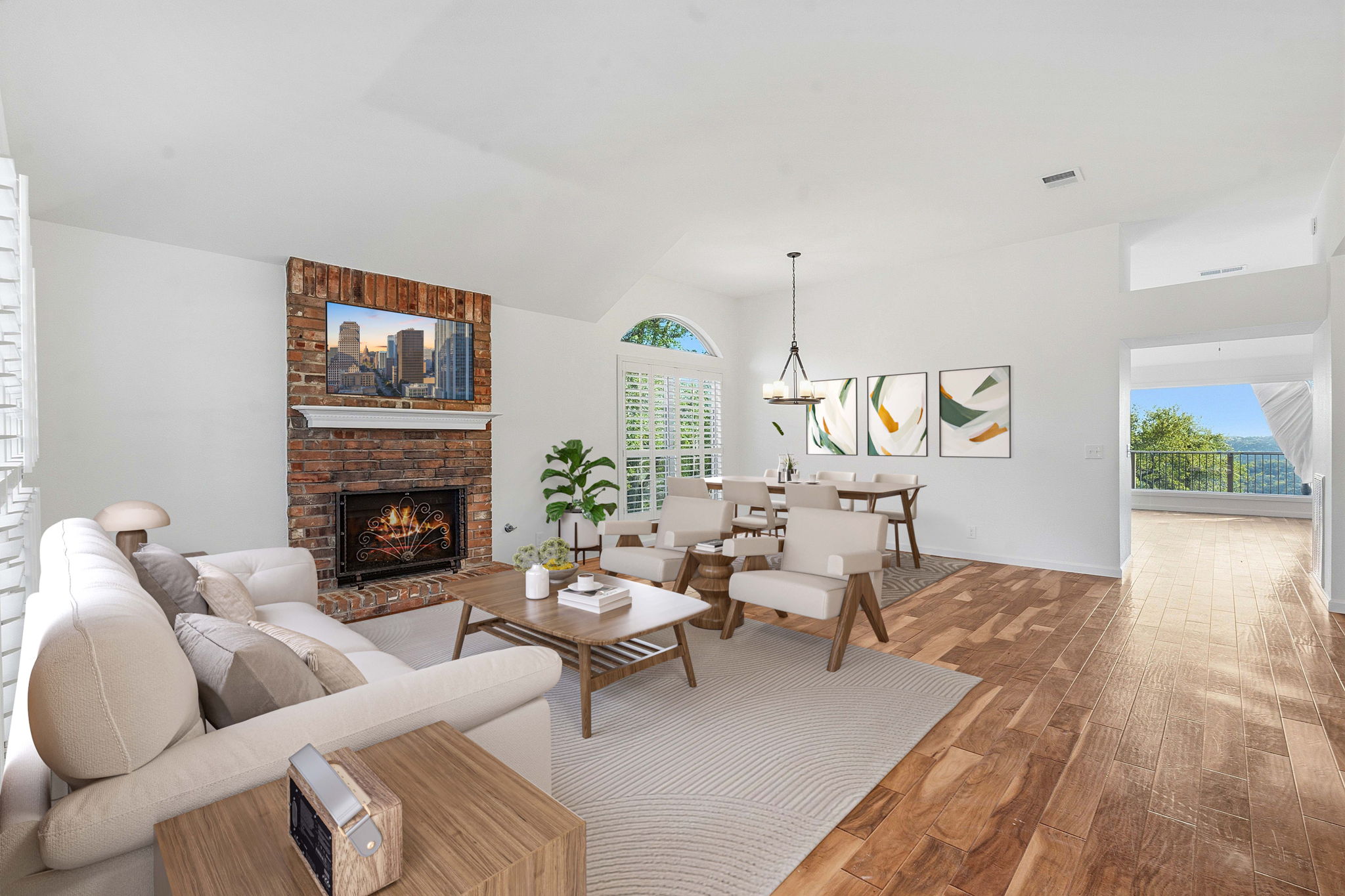 7801 Image Cove Austin, TX 78730 - Photo 6 of 26 a living room with furniture a fireplace and a flat screen tv