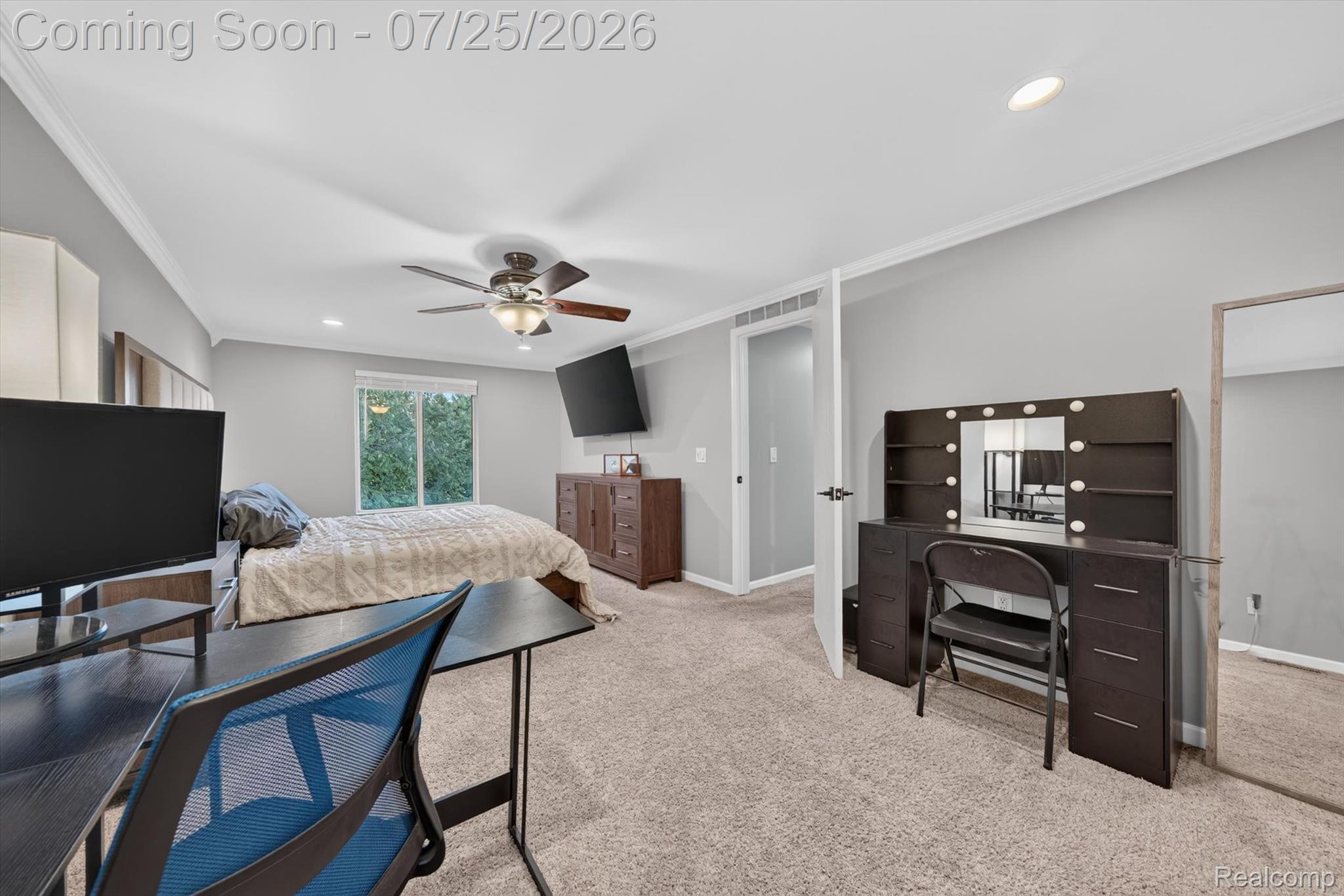 51116 South Foster Road New Baltimore, MI 48047 - Photo 21 of 31 Spacious bedroom featuring light gray walls, crown molding, recessed lighting, and carpet flooring