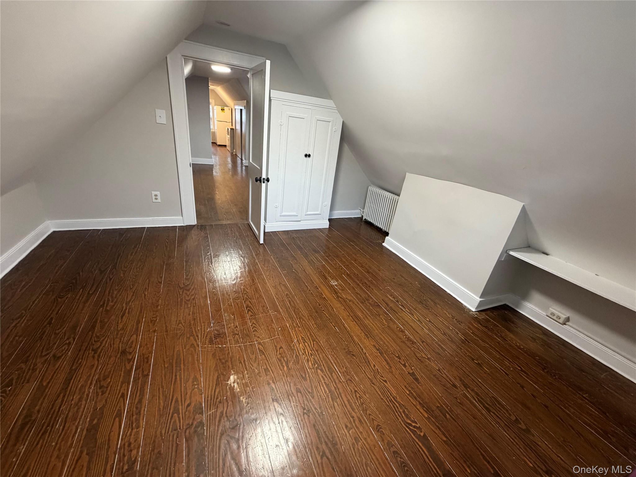 196 Depew Avenue, Unit 3 Nyack, NY 10960 - Photo 3 of 15 dark wood-style floors, vaulted ceiling, and radiator heating unit