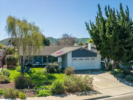 a front view of a house with a yard and palm trees
