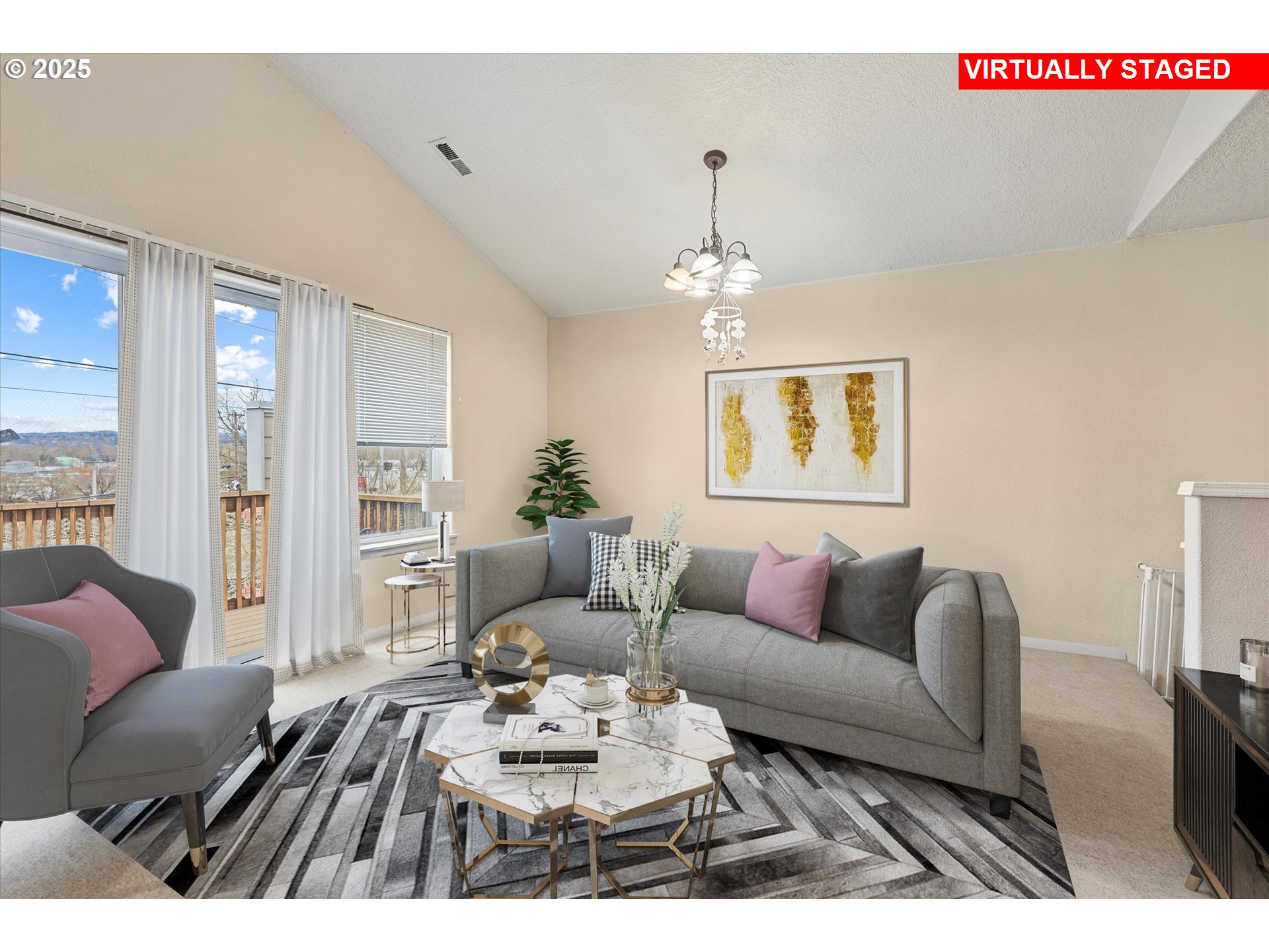 15723 Northeast Beech Street Portland, OR 97230 - Photo 4 of 9 a living room with furniture a chandelier and a dining table