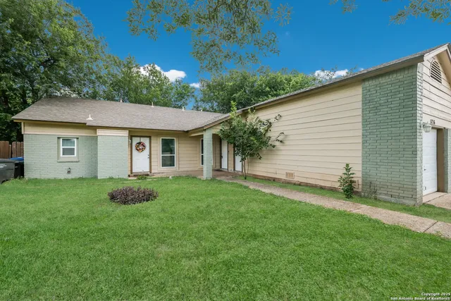 a view of a yard in front of a house with plants and large tree