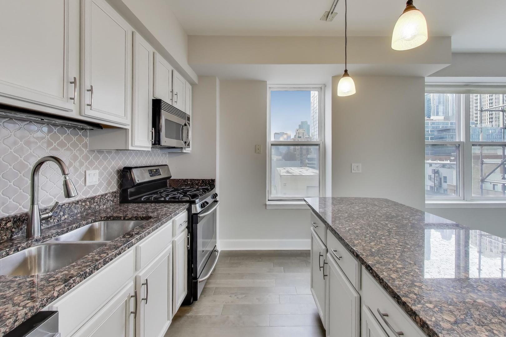 5 East 14th Place, Unit 501 Chicago, IL 60605 - Photo 17 of 37 a kitchen with granite countertop a sink a stove and cabinets