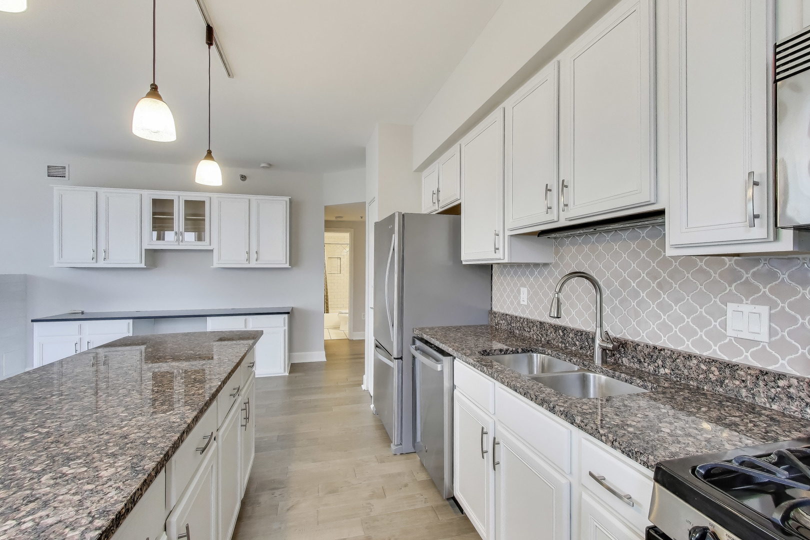 5 East 14th Place, Unit 501 Chicago, IL 60605 - Photo 18 of 37 a kitchen with granite countertop a sink a counter space stainless steel appliances and cabinets