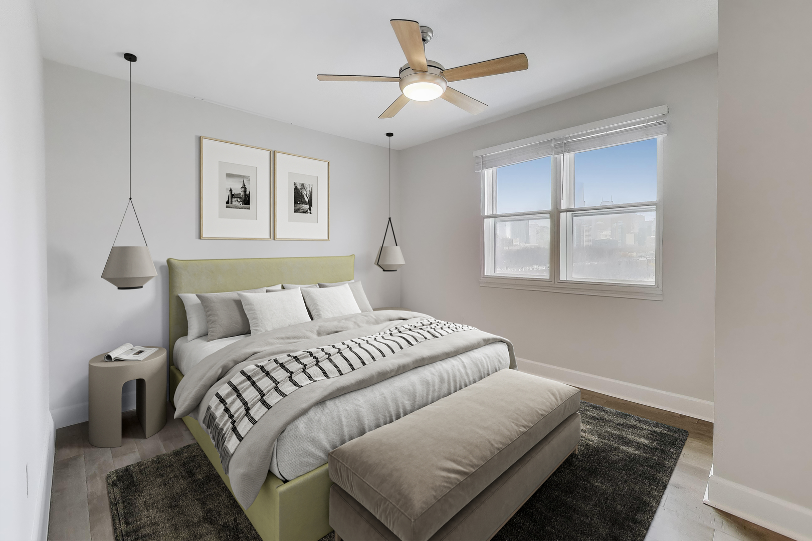 5 East 14th Place, Unit 501 Chicago, IL 60605 - Photo 20 of 37 a bedroom with a large bed and a chandelier