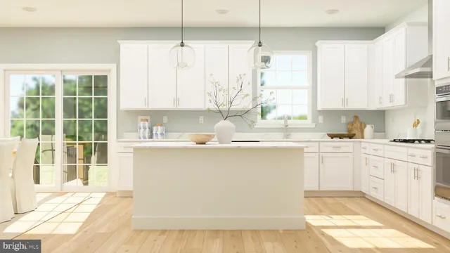 a kitchen with kitchen island white cabinets and white appliances