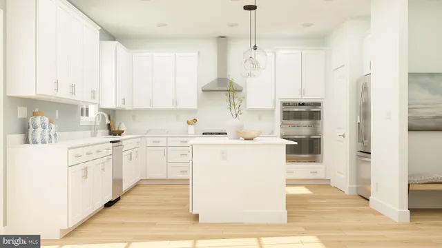 a dining room with wooden floor and a fireplace