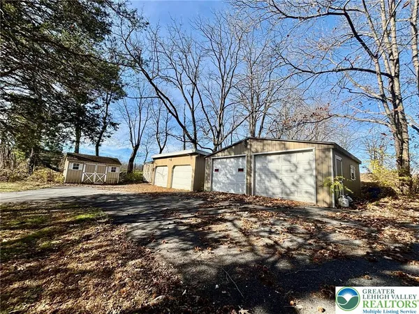 a view of a yard with large trees