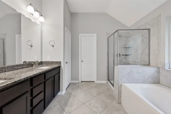 a bathroom with a granite countertop bathtub shower sink and mirror