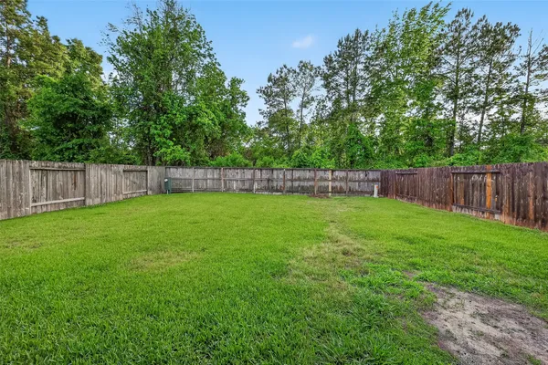 a view of a yard with large trees and wooden fence