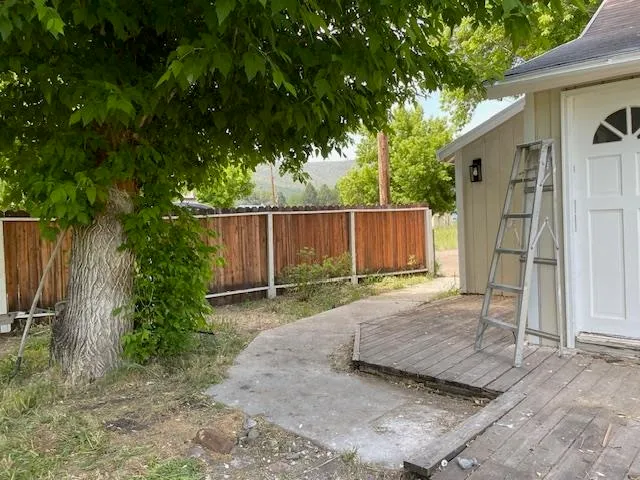 a backyard of a house with plants and trees