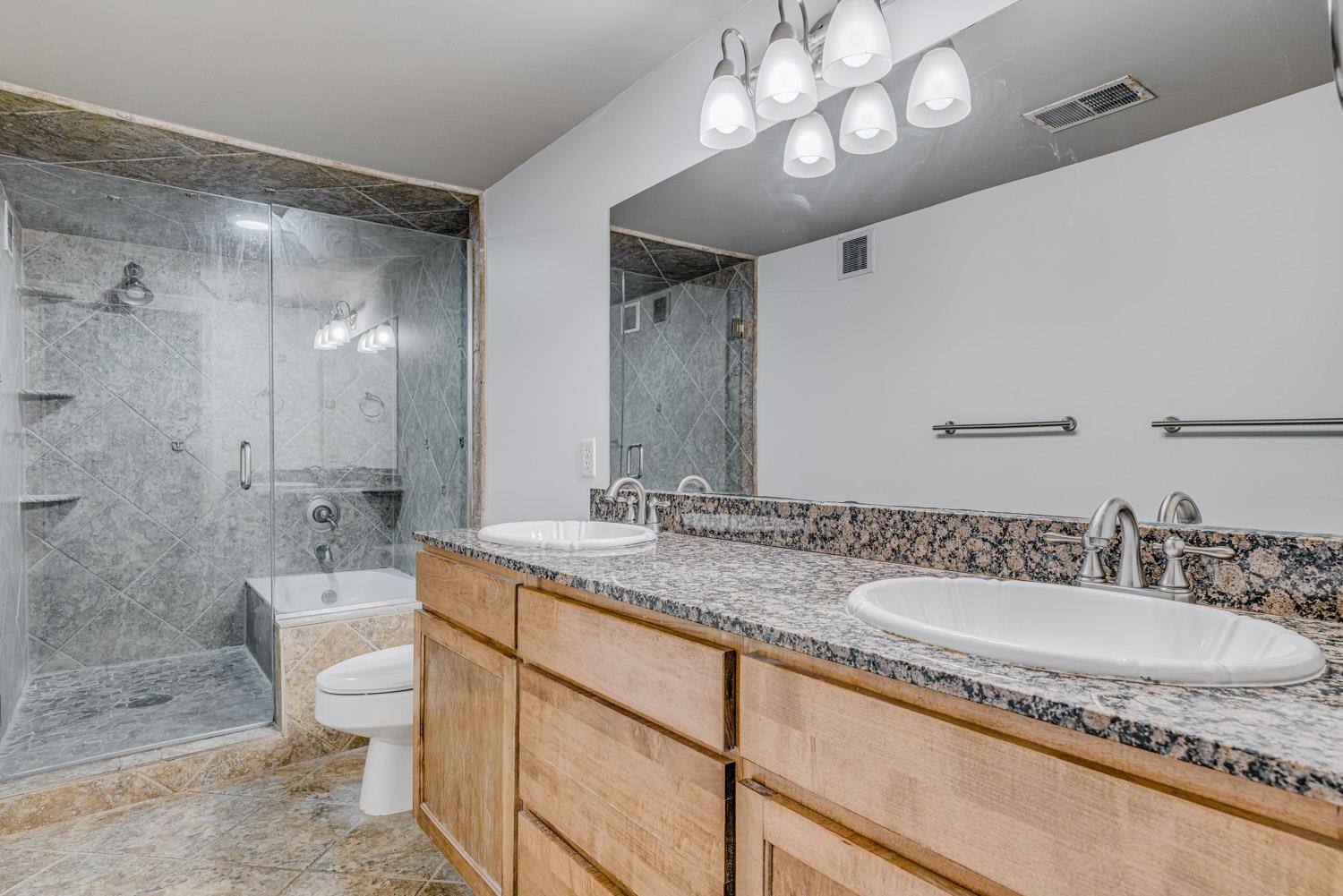 310 South Main Street, Unit 101 Memphis, TN 38103 - Photo 17 of 29 a bathroom with a granite countertop sink a toilet a mirror and shower