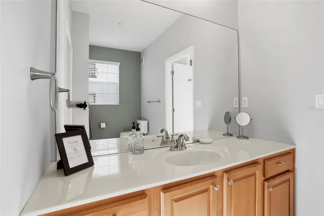 a bathroom with a sink and a mirror