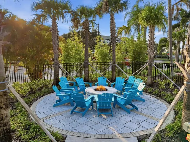 a backyard of a house with table and chairs