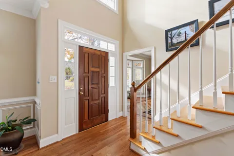 a view of front door with wooden floor and stairs