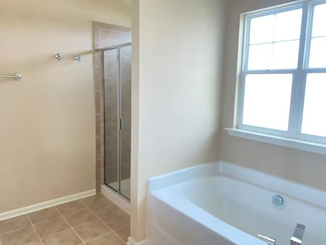 a bathroom with a bathtub and a shower