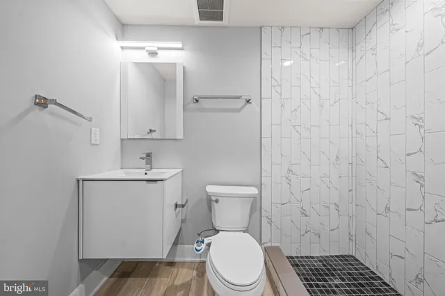 a bathroom with a shower and a toilet
