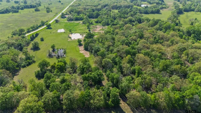 an aerial view of a houses with a lush green forest