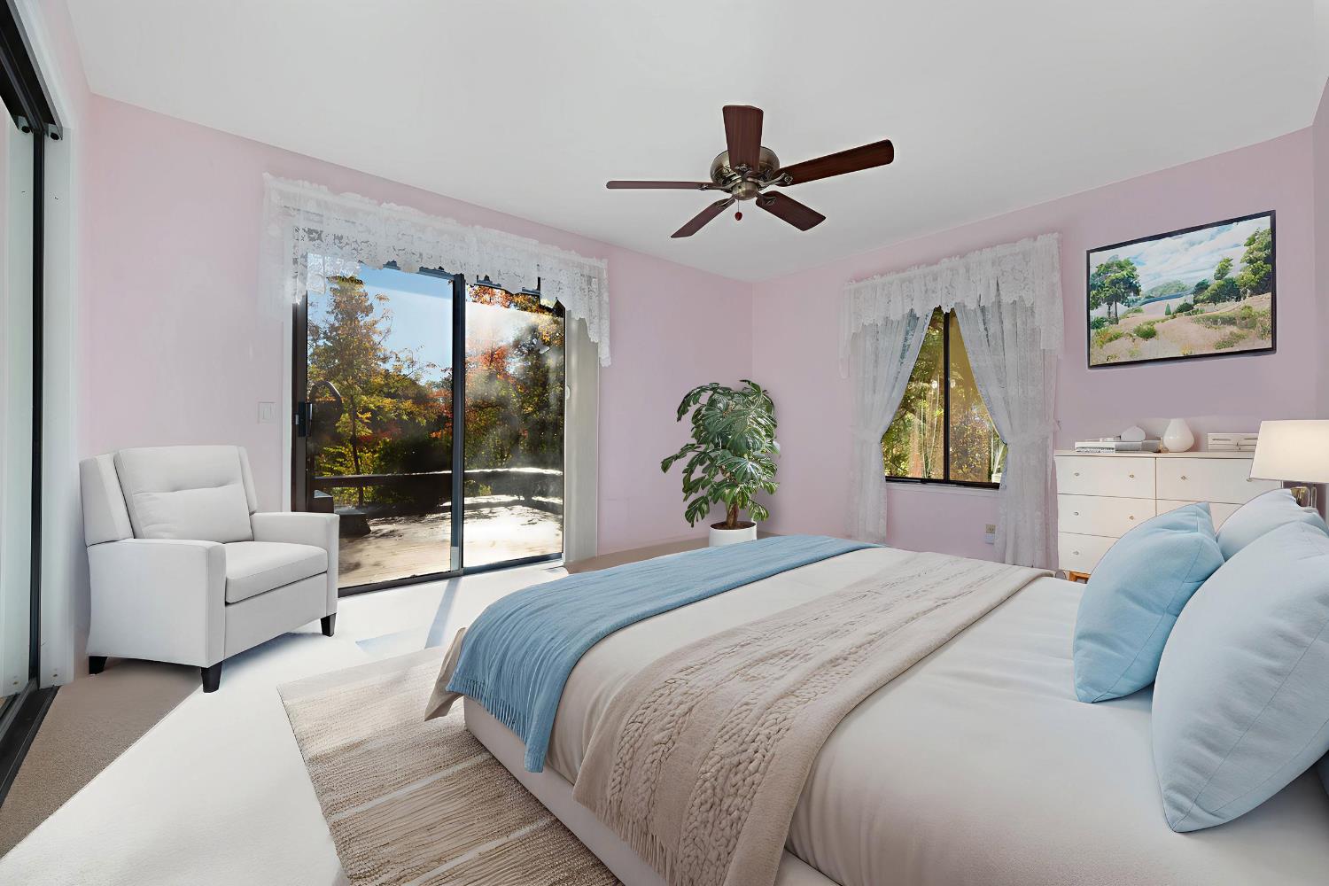 19595 Bow Valley Road Grass Valley, CA 95945 - Photo 18 of 84 Primary Bedroom with deck to the hot tub and backyard - Digitally Altered Photo