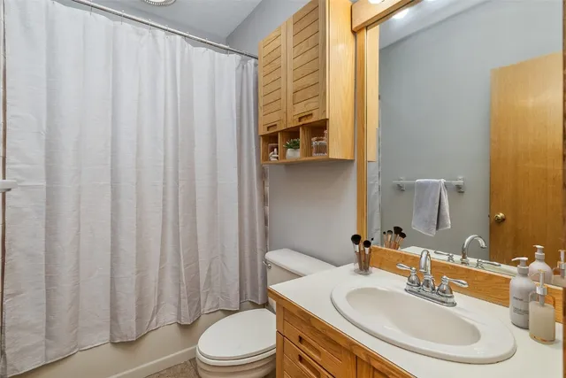 a bathroom with a sink a toilet and shower curtain