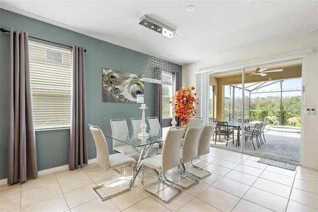 a dining room filled with furniture and a large window
