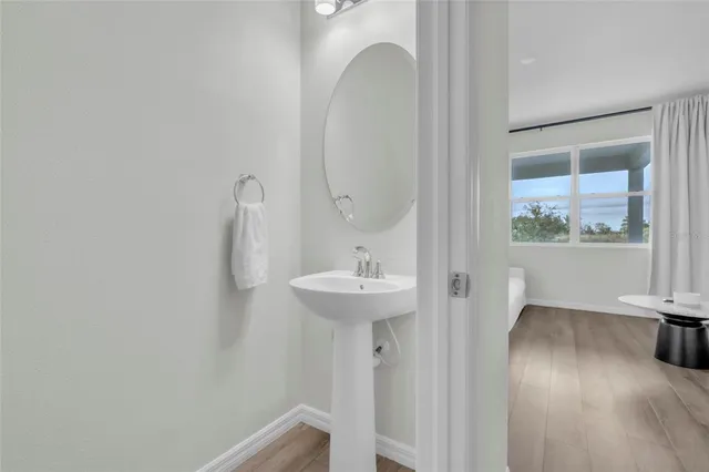 a bathroom with a sink and a mirror