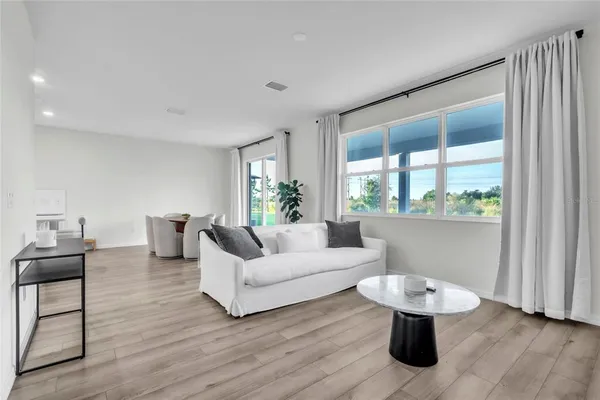 a living room with furniture and a potted plant