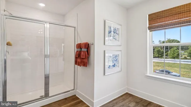 a view of bathroom with a shower and a window