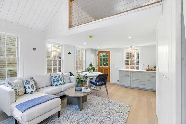 a living room with furniture a fireplace and a potted plant