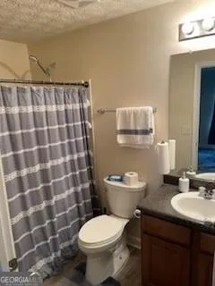 a bathroom with a granite countertop toilet a sink and a mirror