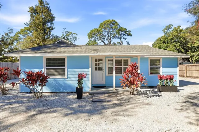 front view of a house with a patio