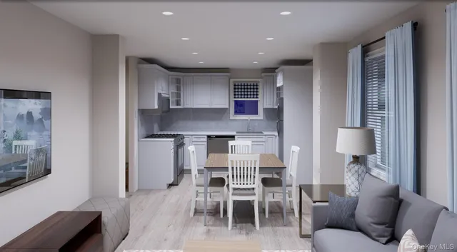 a living room with kitchen island furniture and a wooden floor