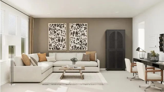 a view of a dining room with furniture and window