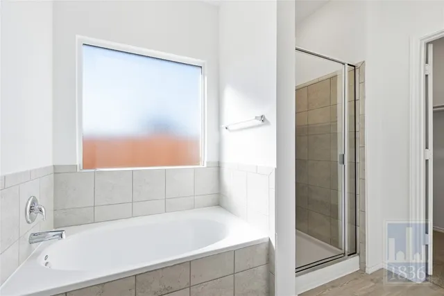 a bathroom with a bathtub and shower