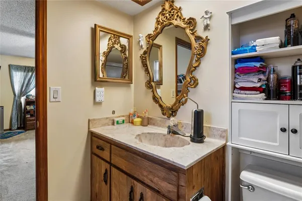 a bathroom with a sink vanity and a mirror