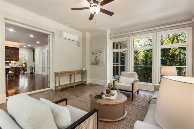 a spacious bathroom with double vanity sinks and a mirror