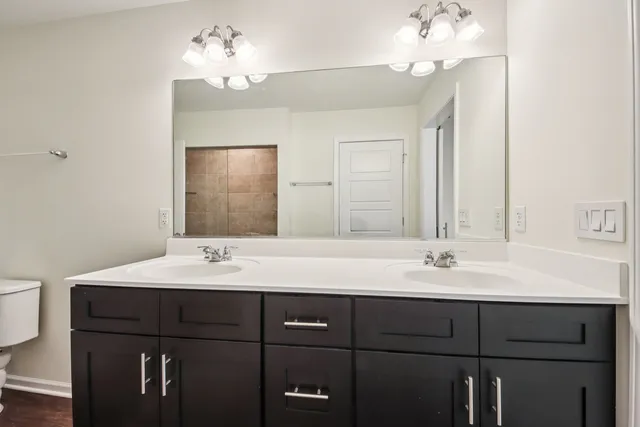 a bathroom with a sink vanity and a mirror