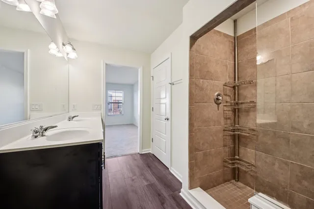 a bathroom with a sink shower and a mirror