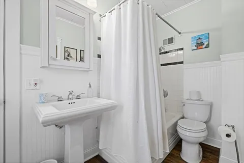 a bathroom with a sink a toilet and shower curtain