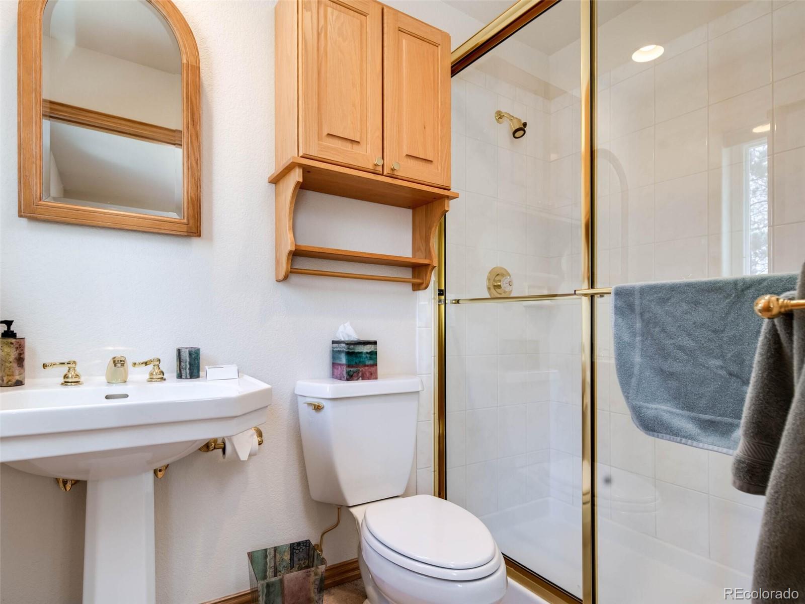 180 Nuthatch Road Evergreen, CO 80439 - Photo 33 of 40 a bathroom with a sink a toilet a mirror and shower