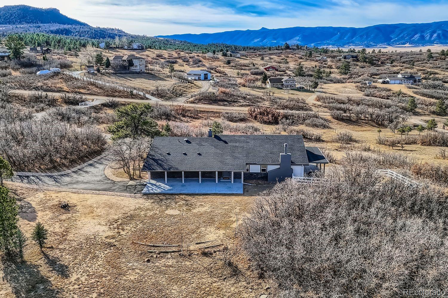 3435 West Dawson Road Sedalia, CO 80135 - Photo 36 of 42 a view of a house with a yard and mountain view
