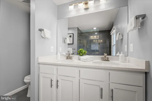 a bathroom with a sink a toilet and a mirror