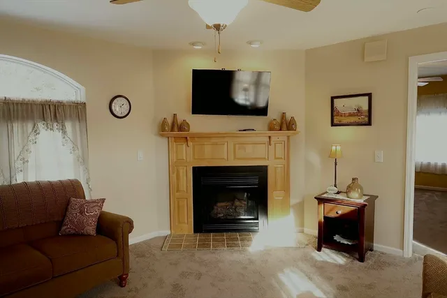 a living room with furniture a flat screen tv and a fireplace