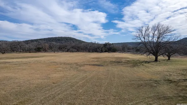 a view of a field with trees in background