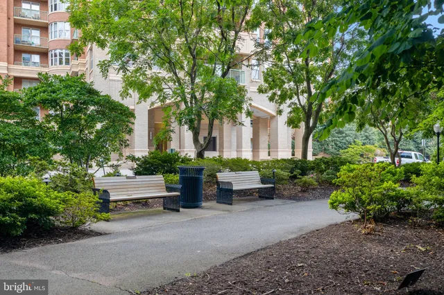 a view of a building with a bench